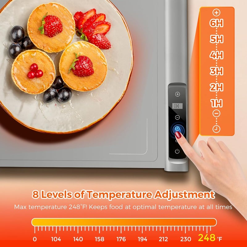 BROBIG Food Warming Mat | Max Temp 248℉,Electric Warming Tray with Timer and 8-Level Adjustable,Fast Full-Surface Heating Mat for Food with Child Lock,Roll-Up & Portable Silicone Food Warmer for Buffet Party - Image 2